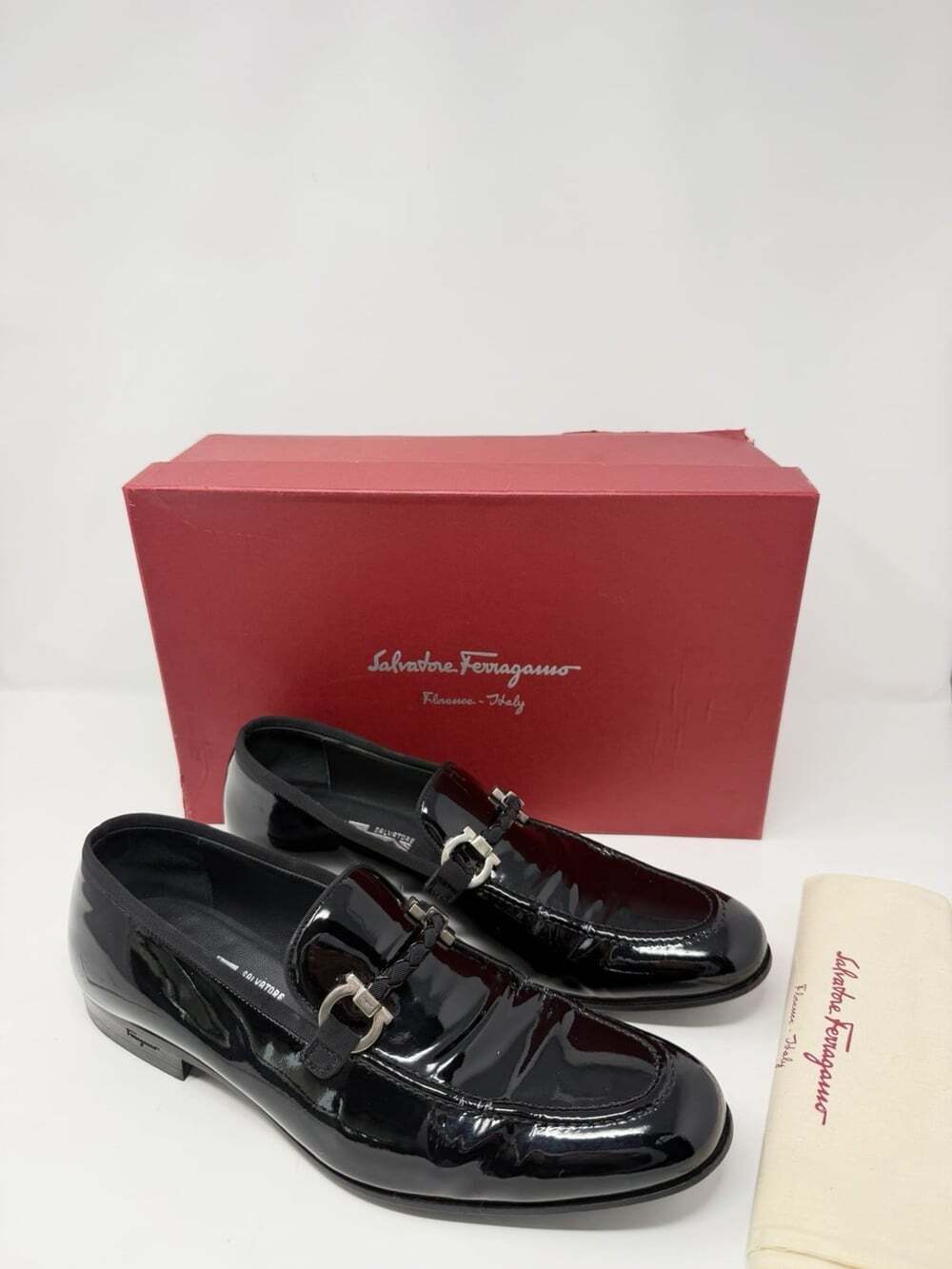 Salvatore Ferragamo Gancini Black Patent Leather Loafers Men's 8.5 D Made Italy